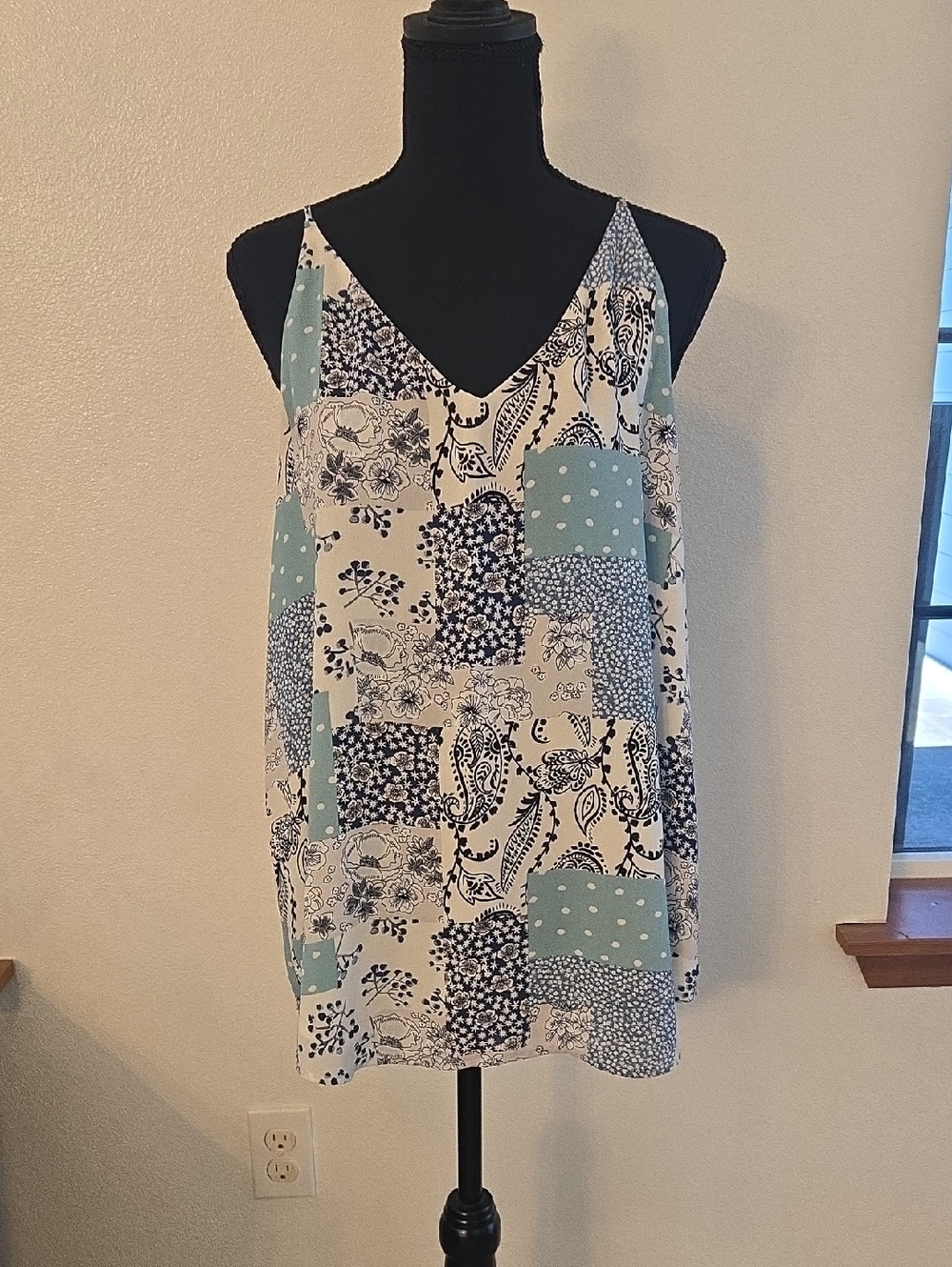 LOFT Blue, White and Light Teal Patchwork V-Neck Camisole